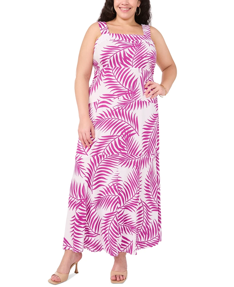 Vince Camuto Plus Tropical-Print Smocked Back Tiered Sleeveless Maxi Dress