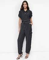 Dkny Women's Tie-Waist High-Rise Crinkle Cargo Joggers