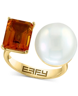 Effy Cultured Freshwater Pearl (13mm) & Citrine (2-7/8 ct. t.w.) Open Ring in 14k Yellow Gold