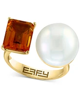 Effy Cultured Freshwater Pearl (13mm) & Citrine (2-7/8 ct. t.w.) Open Ring in 14k Yellow Gold