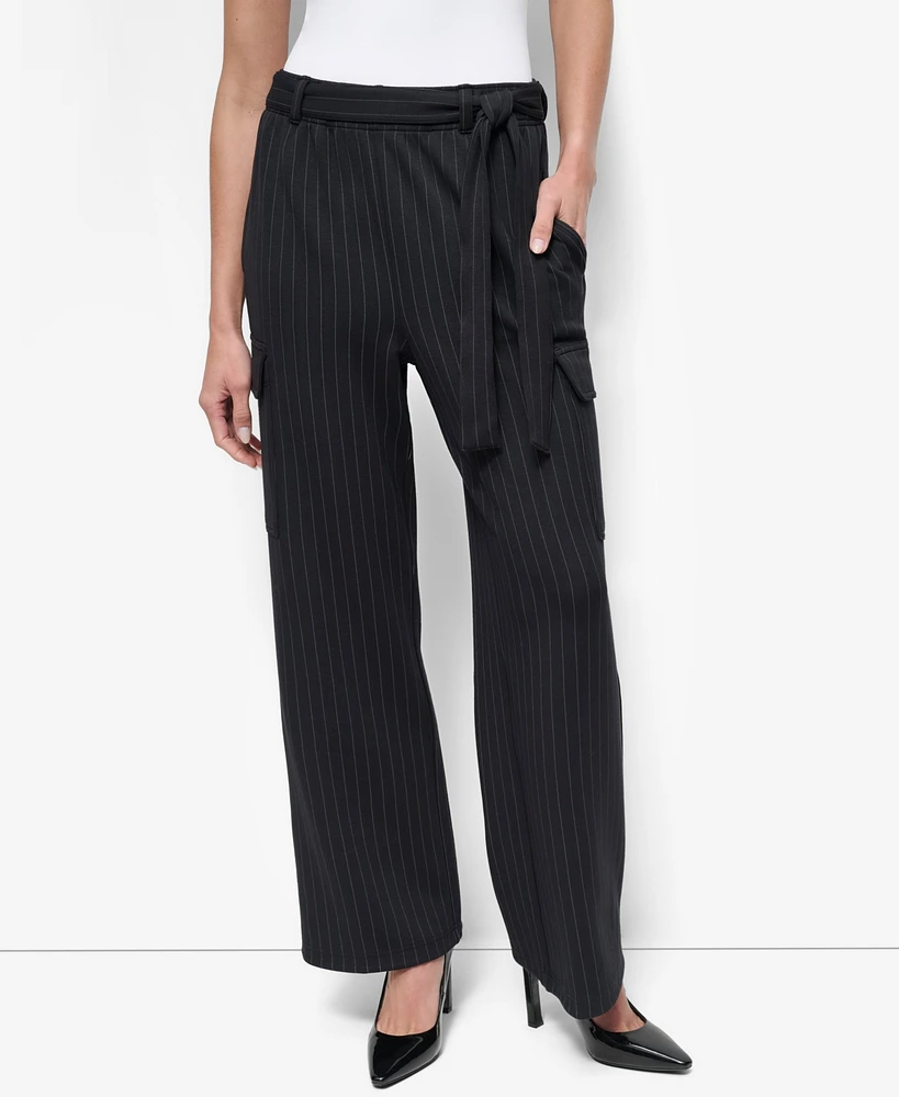 Dkny Women's Pinstripe Tie-Waist Wide-Leg Cargo Pants