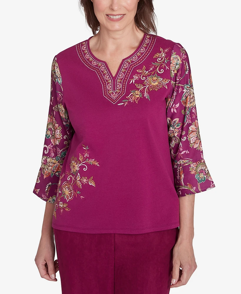 Alfred Dunner Women's Wine Country Embroidered Floral Sleeve Split Neck Top