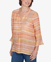 Alfred Dunner Women's Scottsdale Warm Stripe Floral Embroidered Top