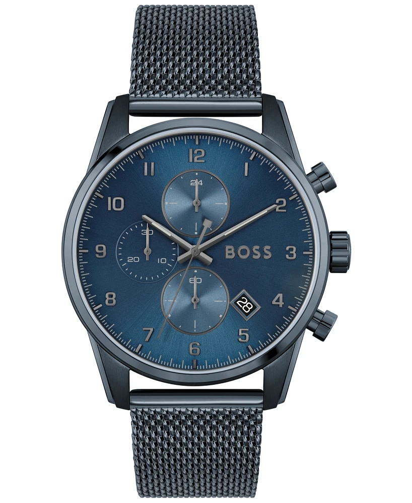 Hugo Boss Men's Chronograph Skymaster Blue Ion-Plated Mesh Steel Bracelet Watch 44mm