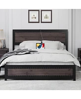 gaomon King Bed Frame with Headboard, Industrial Platform Charging Station