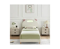 gaomon Led Twin Bed Frame with Beige Upholstered Adjustable Headboard, Velvet Platform, Wooden Slat Support, Noise