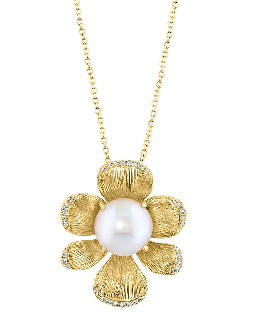 Effy Collection Cultured Freshwater Pearl (9.5MM) & Diamond Flower Pendant Necklace (1/6 ct. t.w.) in 14k Yellow Gold, 18"