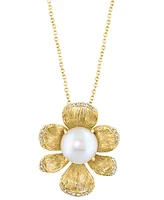 Effy Collection Cultured Freshwater Pearl (9.5MM) & Diamond Flower Pendant Necklace (1/6 ct. t.w.) in 14k Yellow Gold, 18"