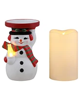 Mr. Christmas 6" Ceramic Lit Snowman Candle Holder and Flameless Candle