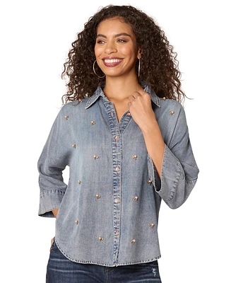 Democracy Petite Embellished Woven Button-Up Shirt