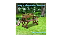 Slickblue Rustic 2-Person Wooden Wagon Wheel Bench – Slatted Seat and Backrest, Brown Finish