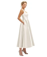 Square Neck Satin Midi Dress with Full Skirt & Pockets