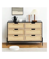 6 Drawers Dresser For Bedroom, Natural Rattan Drawer With Spacious Storage, Wood Chest Of Drawers With Metal Legs For Bedroom, Living Room, Hallway, E