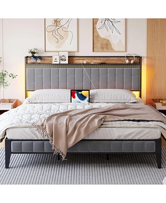 gaomon Queen Bed Frame with Charging Station, Led Bed Frame with Storage Headboard