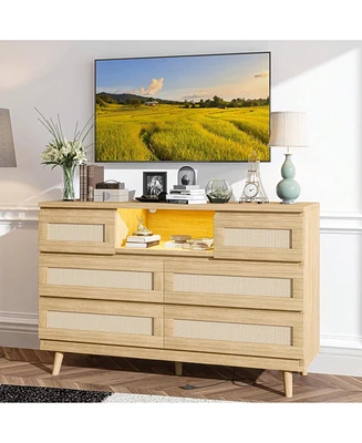 gaomon Natural Rattan Dresser For Bedroom With Led Light And Charging Station, 6 Drawer Double Dressers, Modern Wooden Dresser Chest, Beside Table For