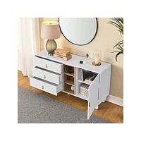 gaomon Dresser Closet, 3 Drawer Dresser With Leather Handles, 3 Drawers, Open Storage Compartment, Solid Wood Round Legs Buffet Cabinet For Bedroom, L