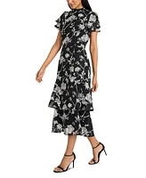 Maggy London Women's Floral Jacquard Tiered Fit & Flare Dress