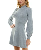 Crystal Doll Juniors' Pearl Turtleneck Blouson-Sleeve Sweater Dress