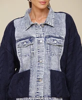Avec Les Filles Women's Mixed-Media Denim Sweater Jacket
