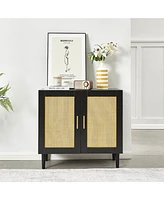 Slickblue Side Panel Buffet Cabinet with Door and Rattan Design, Featuring Adjustable Shelves for Versatile Storage