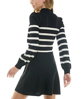 Crystal Doll Juniors' Striped Mockneck Blouson-Sleeve Sweater Dress