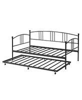 gaomon Twin Rectangular Metal Daybed with Trundle, Sofa Bed Frame 6 Casters and Steel Slat Support