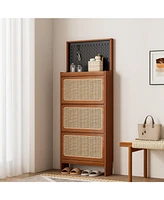 Slickblue Rattan Shoe Cabinet for Entryway with 3 Flip Drawers & Black Pegboard - Slim Freestanding Shoe Rack for Hallway