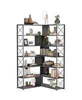 Slickblue Silver and Grey 7-Tier Bookcase - L-Shaped Corner Bookshelf with Metal Frame, Industrial