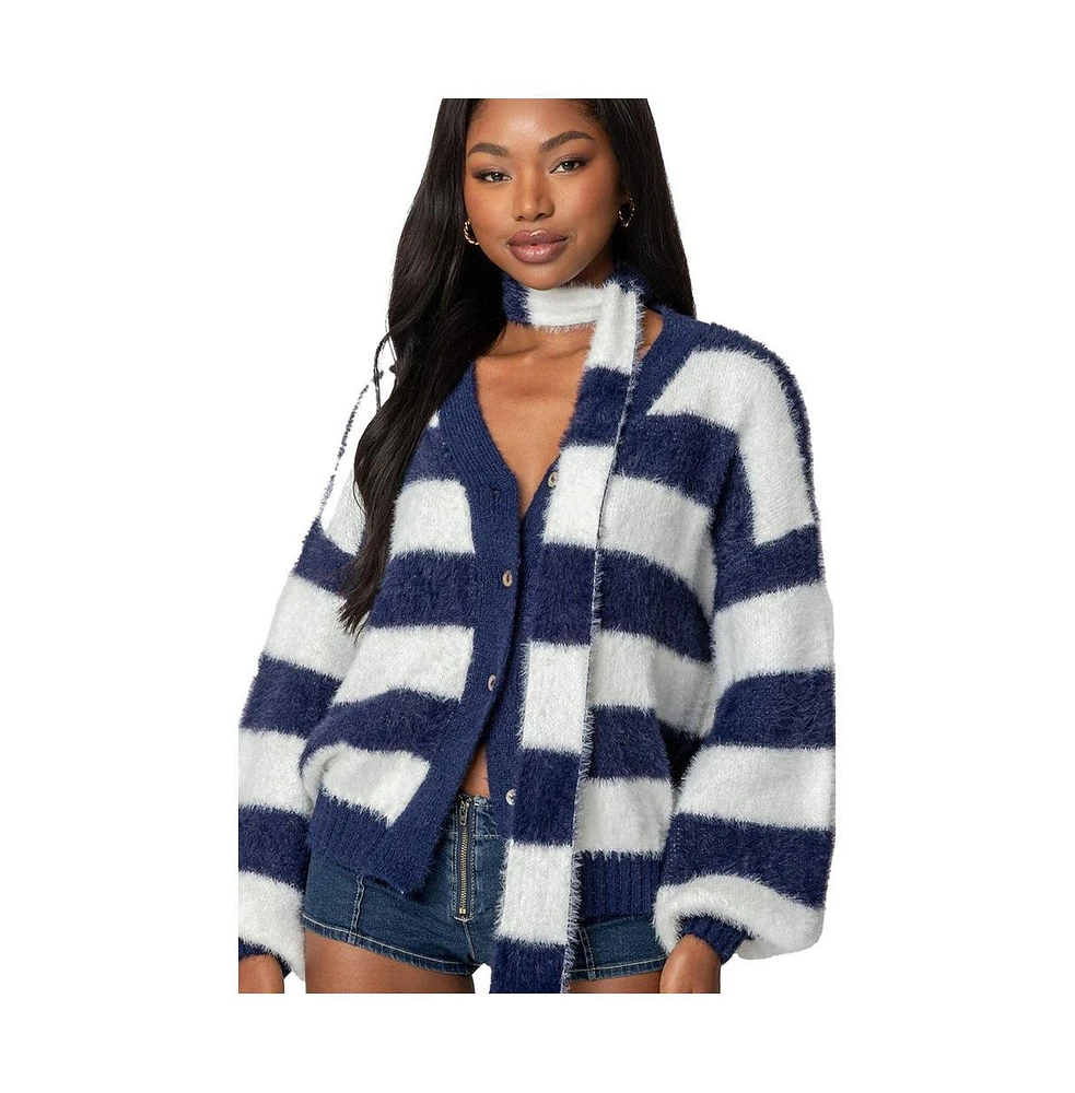 Edikted Women's Striped Two Piece Knit Scarf Cardigan