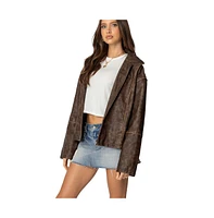 Edikted Women's Oversized Washed Faux Leather Jacket - Brown