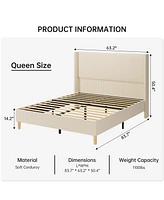 gaomon Queen Bed Frame, Upholstered Platform Corduroy Frame with Vertical Channel Tufted Wingback Headboard