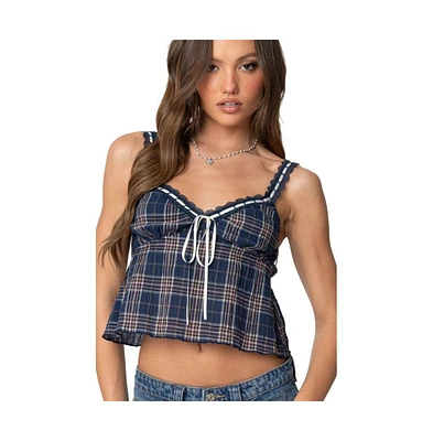 Edikted Women's Plaid Lace Trim Tank Top