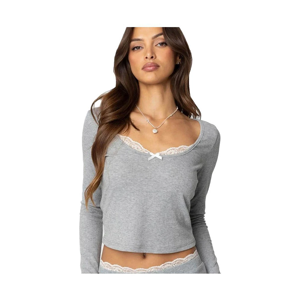 Edikted Women's Peekaboo Lace Long Sleeve Top - Gray