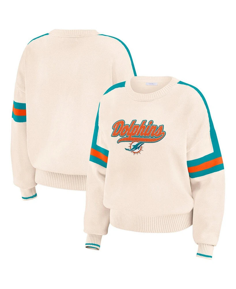 Wear by Erin Andrews Women's Cream Miami Dolphins Stripe Pullover Sweater