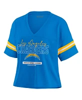 Wear by Erin Andrews Women's Powder Blue Los Angeles Chargers Color Block Boxy Modest Crop V-neck T-shirt