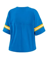 Wear by Erin Andrews Women's Powder Blue Los Angeles Chargers Color Block Boxy Modest Crop V-neck T-shirt