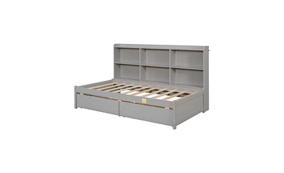 Slickblue Twin Bed with Side Bookcase and Drawers - Grey Finish for Stylish Storage and Space-Saving in Bedroom