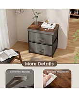 Gymax 2 Drawer Dresser Fabric Storage Organizer Nightstand Bedside Sofa Table Grey & Rustic Brown