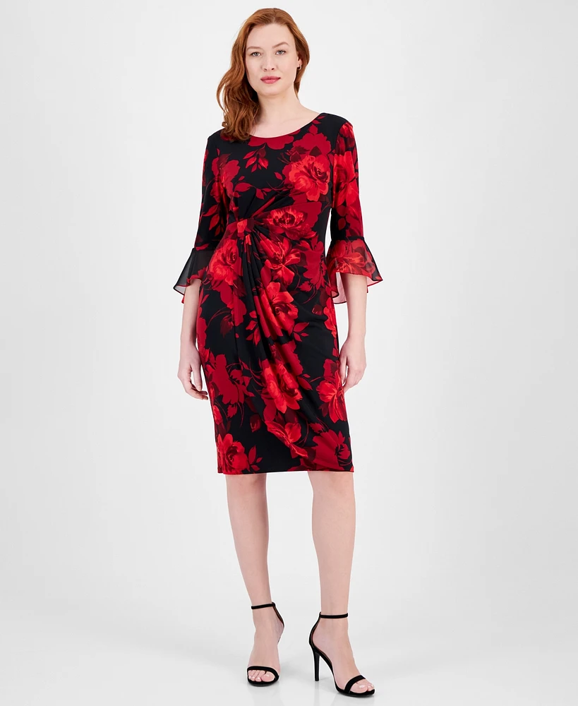 Connected 3/4-Flounce-Sleeve Sheath Dress