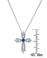 Blue Spinel (1/20 ct. t.w.) & Lab Grown White Sapphire (1-1/3 ct. t.w.) Open Cross 18" Pendant Necklace in Sterling Silver