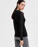 I.n.c. International Concepts Women's Long-Mesh-Sleeve Crewneck Top, Exclusively at Macy's