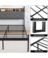 gaomon Bed Frame, Metal Canopy Platform Bed Frame with with Linen Storage Headboard Usb Ports & Outlet