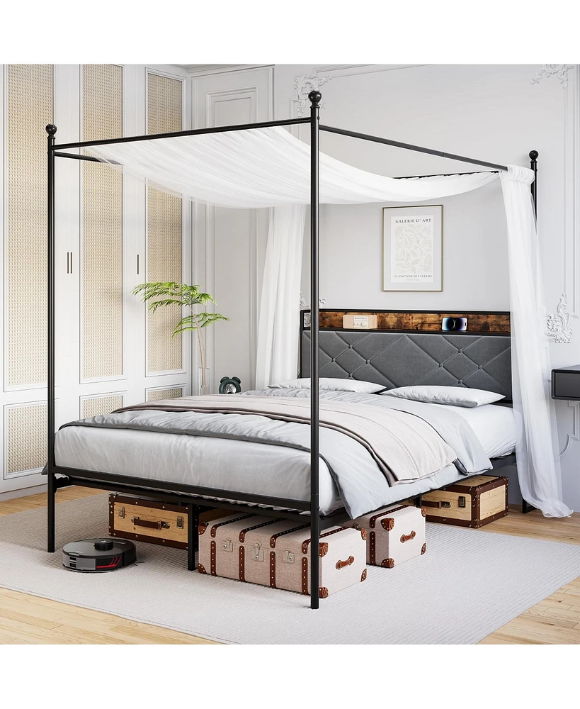 gaomon Bed Frame, Metal Canopy Platform Bed Frame with with Linen Storage Headboard Usb Ports & Outlet