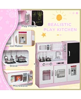 Qaba Play Kitchen, Kids Kitchen Playset w/ Phone & Chalkboard, Pink