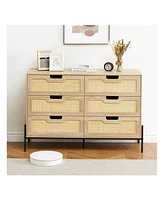 gaomon 6 Drawers Dresser For Bedroom, Natural Rattan Drawer With Spacious Storage, Wood Chest Of Drawers With Metal Legs For Bedroom, Living Room