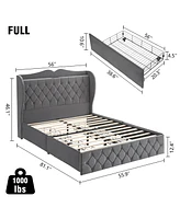 gaomon Full Size Grey Velvet Bed Frame with 4 Convenient Storage Drawers, Wingback Headboard with Charging Station