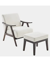 Accent Chair with Ottoman, Upholstered Mid Century Chair and Footrest, Solid Wood Arm Chair, Living Room Chairs and Ottoman Set, Beige
