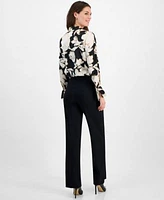 Anne Klein Womens Floral Print V Neck Cuffed Blouse Sailor Pocket Mid Rise Wide Leg Pants