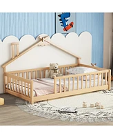 Slickblue Twin House-Shaped Bedside Floor Bed with Guardrails, Slats, without Door