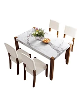 5-Piece Modern Dining Furniture Set, 4-Person Space-Saving Dinette for Kitchen, 46" Faux Marble Style Table and 4 Upholstered Chairs with Solid R
